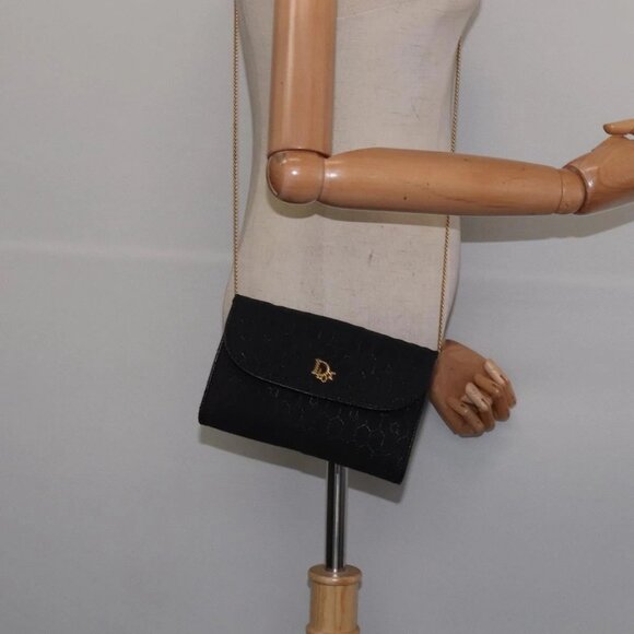 Christian Dior Honeycomb Canvas Chain Shoulder Bag Black Gold Auth BA5626 - Picture 1 of 16